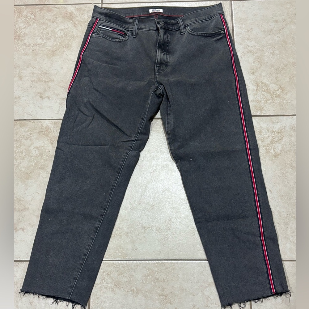 Tommy Hilfiger Denim Slim Boyfriend Gray Distressed Jeans Red Stripe Size 6